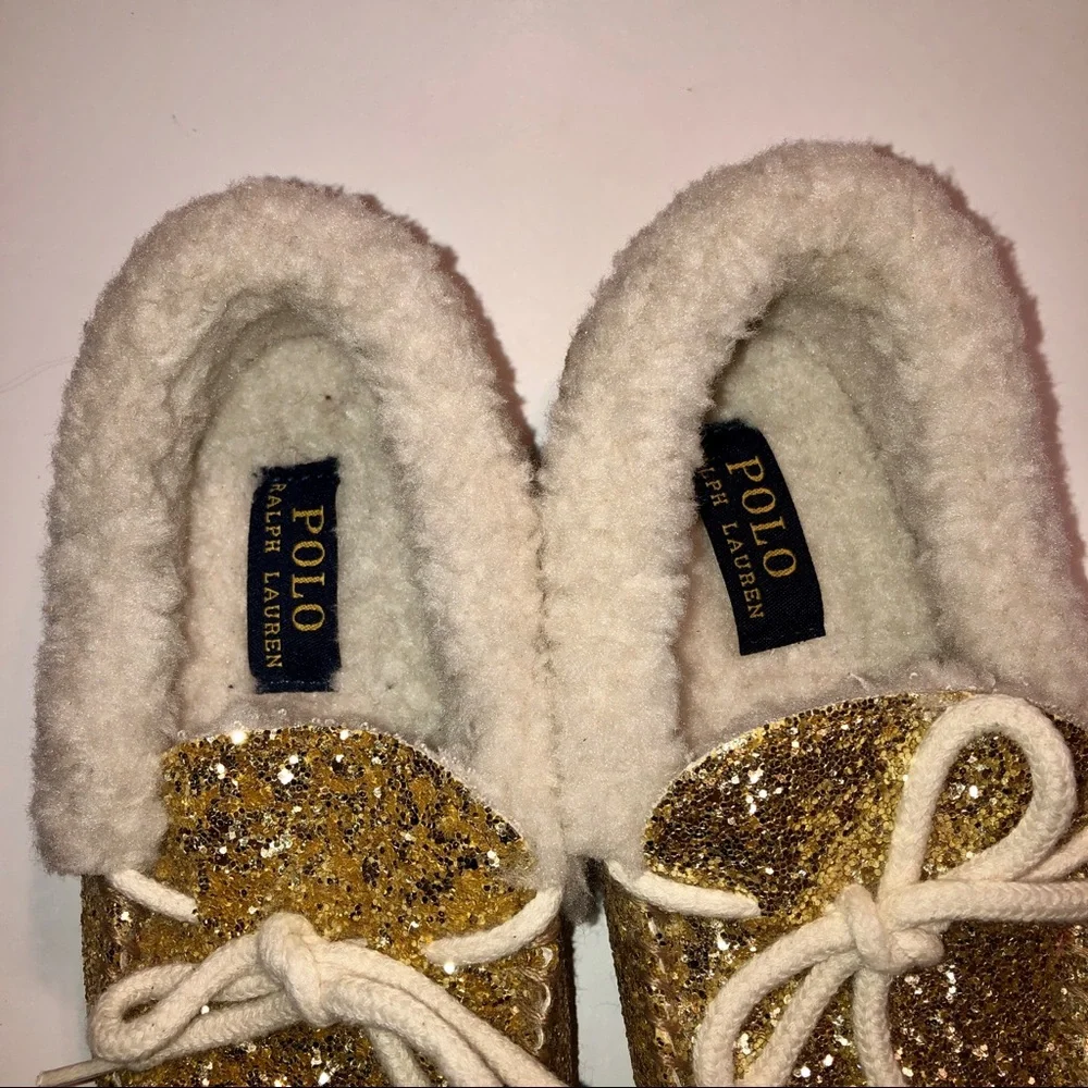 Sz 1 Polo Ralph Lauren Gold Glitter Moccasin Slippers